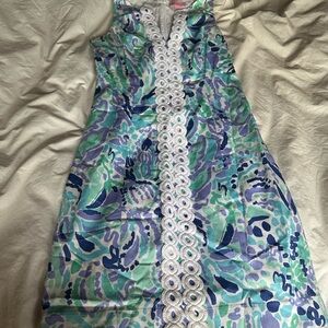 Lilly Pulitzer Blue and Green Floral Dress with White Trim
